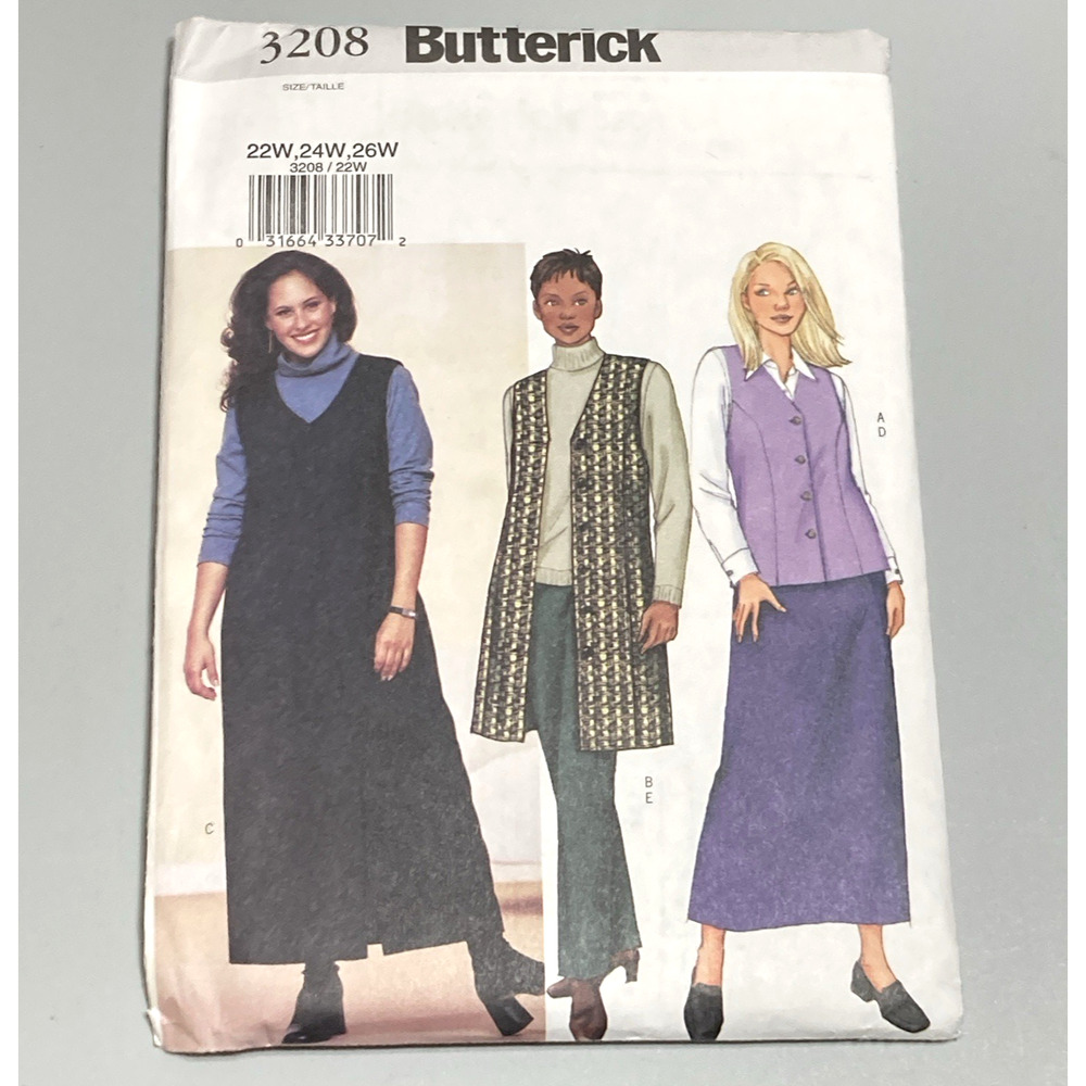 Y2K Butterick 3208 Petite Easy Vest, Jumper, Skirt, Pants Women's 22W-26W UNCUT